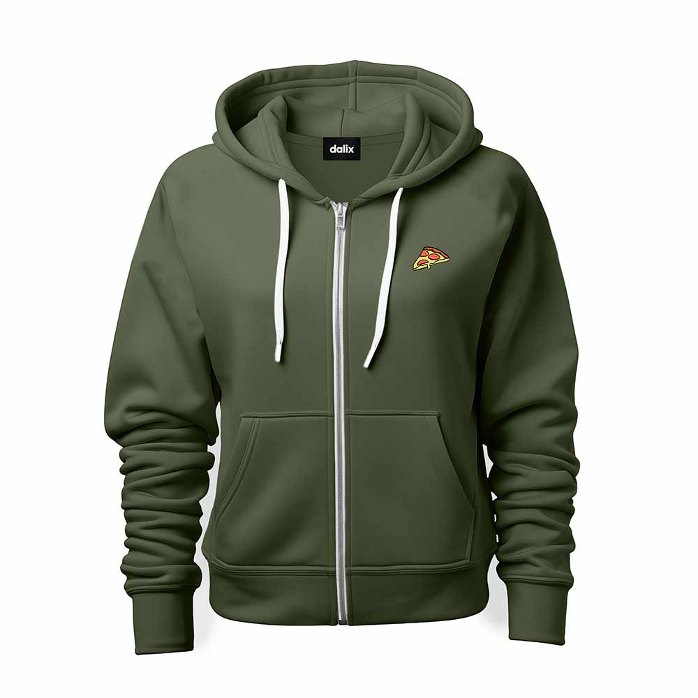 Dalix Pizza Embroidered Zip Hoodie Fleece Long Sleeve Pocket Warm Soft Mens in Military Green 2XL XX-Large