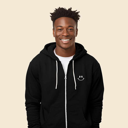 Dalix Smile Face Embroidered Zip Hoodie Fleece Long Sleeve Pocket Warm Soft Mens in Black 2XL XX-Large