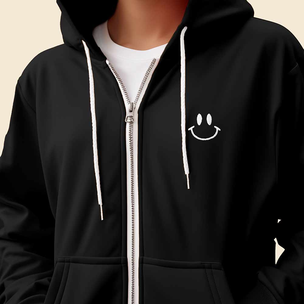 Dalix Smile Face Embroidered Zip Hoodie Fleece Long Sleeve Pocket Warm Soft Mens in Black 2XL XX-Large