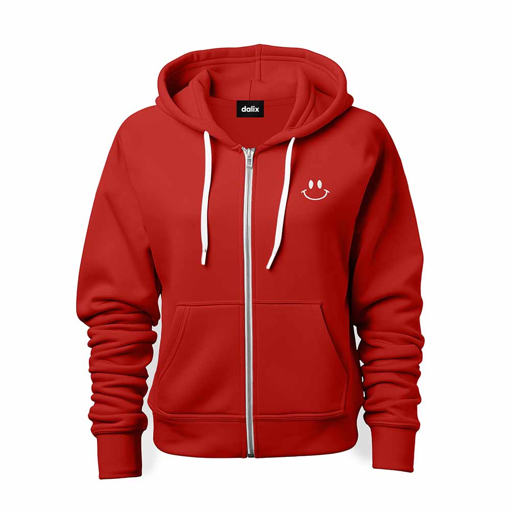 Dalix Smile Face Embroidered Zip Hoodie Fleece Long Sleeve Pocket Warm Soft Mens in Red 2XL XX-Large