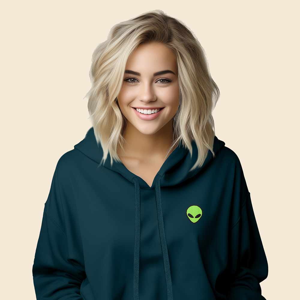 Dalix Alien Embroidered Fleece Cropped Hoodie Cold Fall Winter Women in Atlantic Green 2XL XX-Large