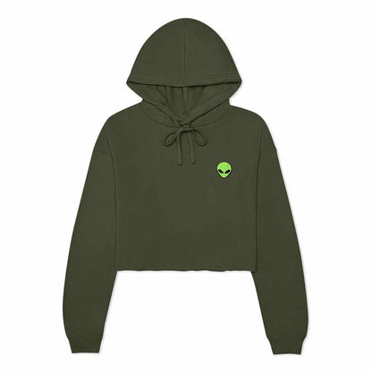 Dalix Alien Embroidered Fleece Cropped Hoodie Cold Fall Winter Women in Military Green 2XL XX-Large