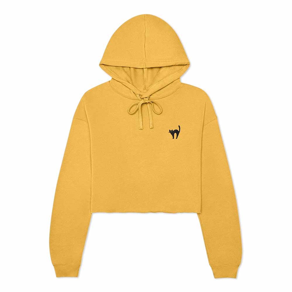 Dalix Black Cat Embroidered Fleece Cropped Hoodie Cold Fall Winter Women in Heather Mustard 2XL XX-Large