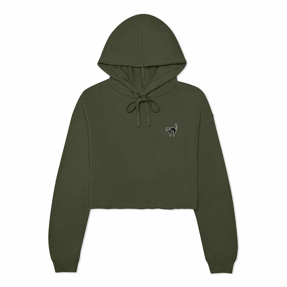 Dalix Black Cat Embroidered Fleece Cropped Hoodie Cold Fall Winter Women in Military Green 2XL XX-Large