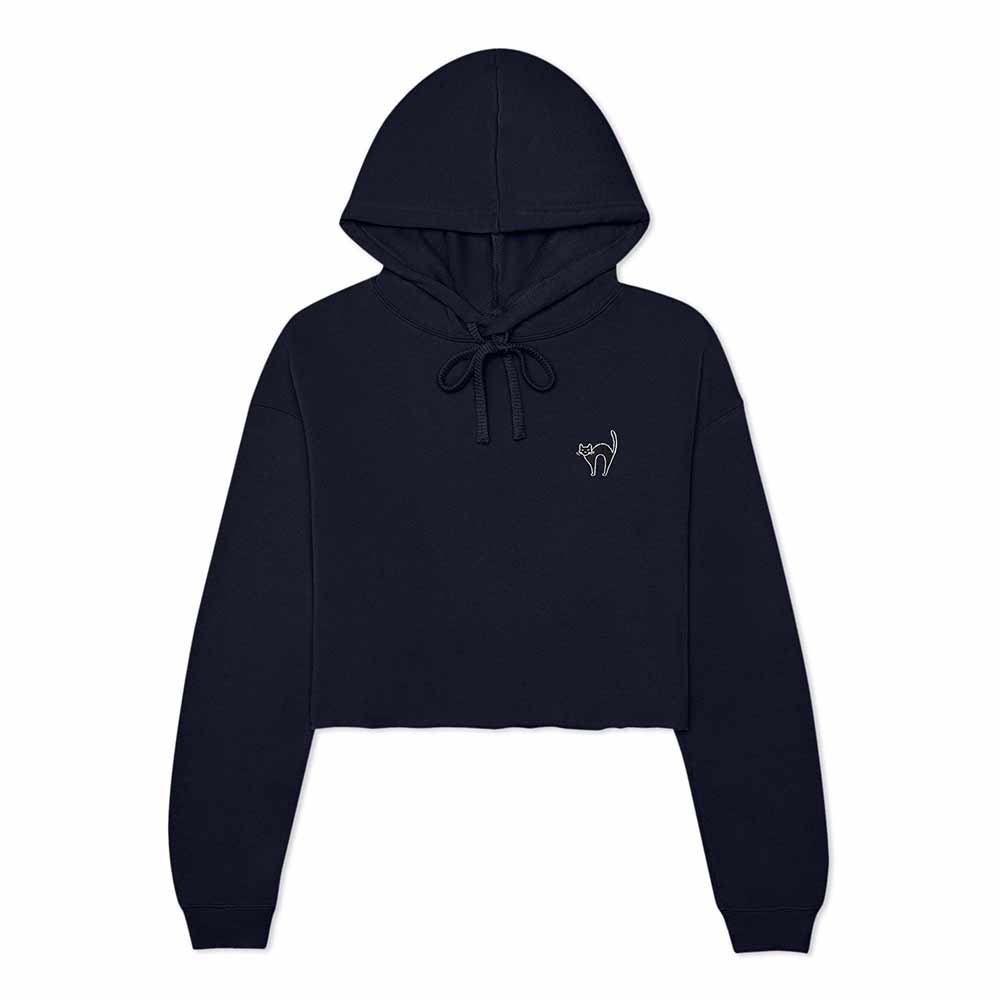 Dalix Black Cat Embroidered Fleece Cropped Hoodie Cold Fall Winter Women in Navy Blue 2XL XX-Large