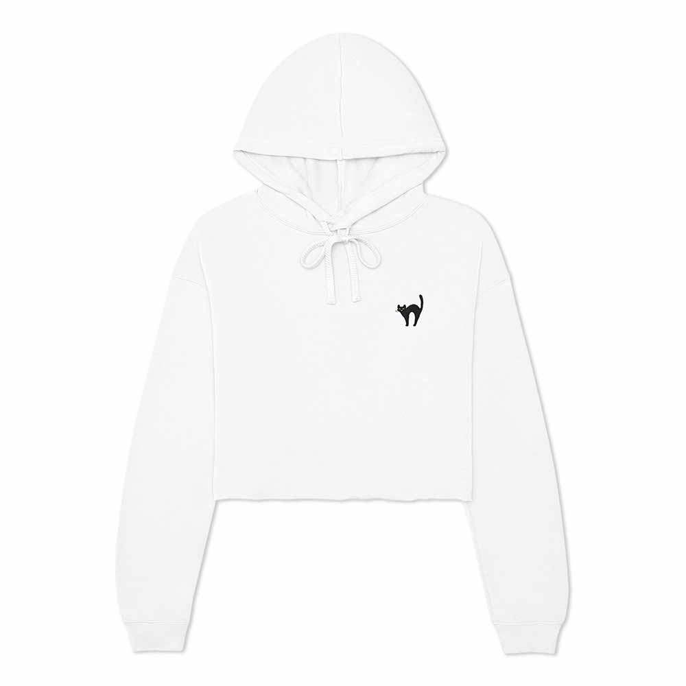 Dalix Black Cat Embroidered Fleece Cropped Hoodie Cold Fall Winter Women in White 2XL XX-Large