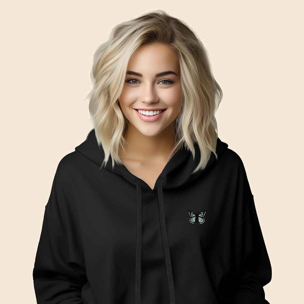 Dalix Butterfly Embroidered Fleece Zip Hoodie Cold Fall Winter Women in Black S Small