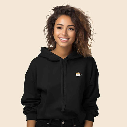 Dalix Cappuccino Embroidered Fleece Cropped Hoodie Cold Fall Winter Women in Black M Medium