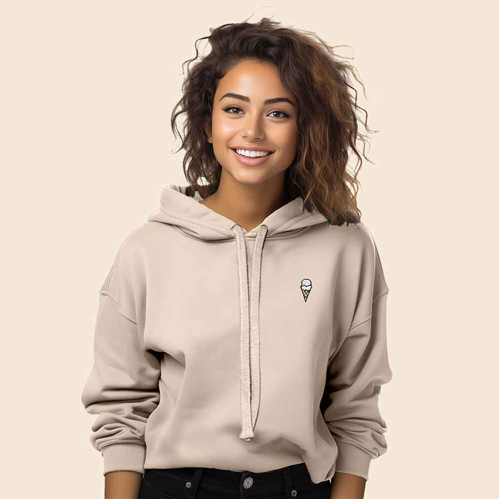 Dalix Double Scoop Embroidered Fleece Cropped Hoodie Cold Fall Winter Women in Peach M Medium