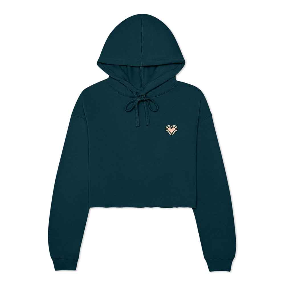 Dalix Heart Embroidered Fleece Cropped Hoodie Cold Fall Winter Women in Atlantic Green M Medium