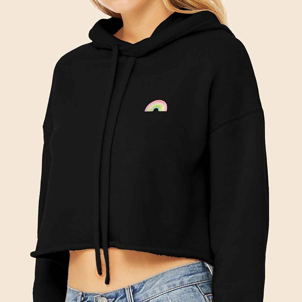 Dalix Rainbow Embroidered Fleece Cropped Hoodie Cold Fall Winter Women in Black XL X-Large