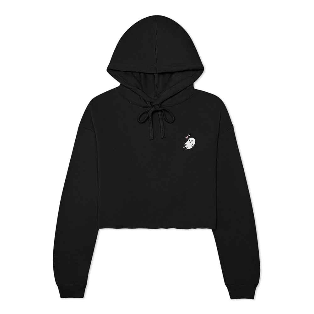 Dalix Heartly Ghost Embroidered Fleece Cropped Hoodie Cold Fall Winter Women in Black 2XL XX-Large
