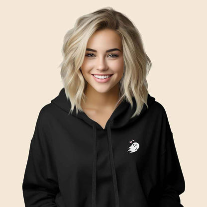 Dalix Heartly Ghost Embroidered Fleece Cropped Hoodie Cold Fall Winter Women in Black S Small