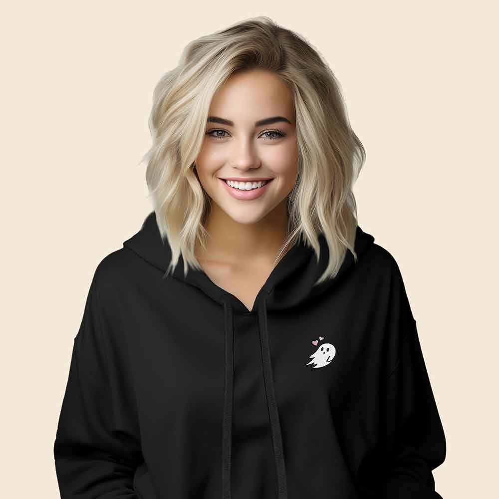 Dalix Heartly Ghost Embroidered Fleece Cropped Hoodie Cold Fall Winter Women in Dark Grey Heather XL X-Large