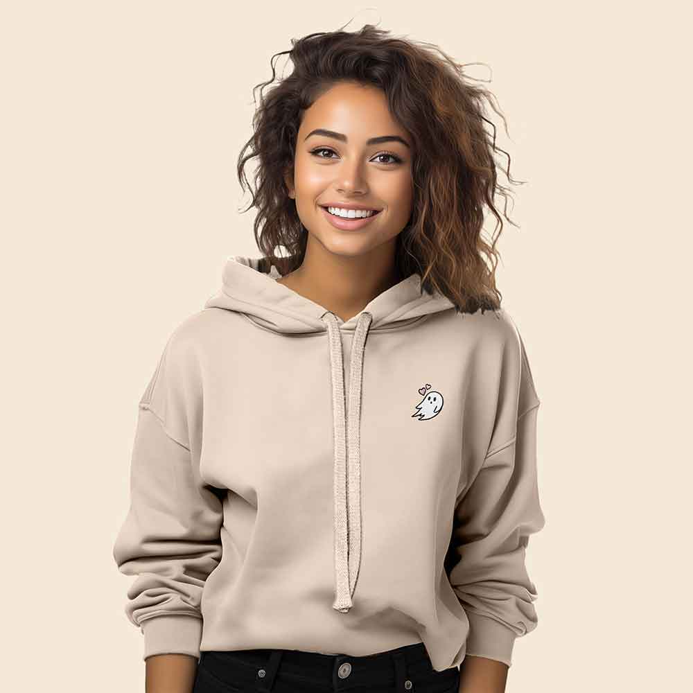 Dalix Heartly Ghost Embroidered Fleece Cropped Hoodie Cold Fall Winter Women in Peach M Medium