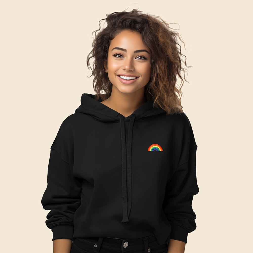 Dalix Rainbow Embroidered Fleece Cropped Hoodie Cold Fall Winter Women in Black M Medium