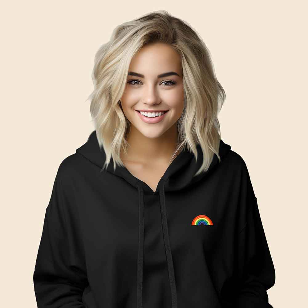 Dalix Rainbow Embroidered Fleece Cropped Hoodie Cold Fall Winter Women in Heather Mustard L Large