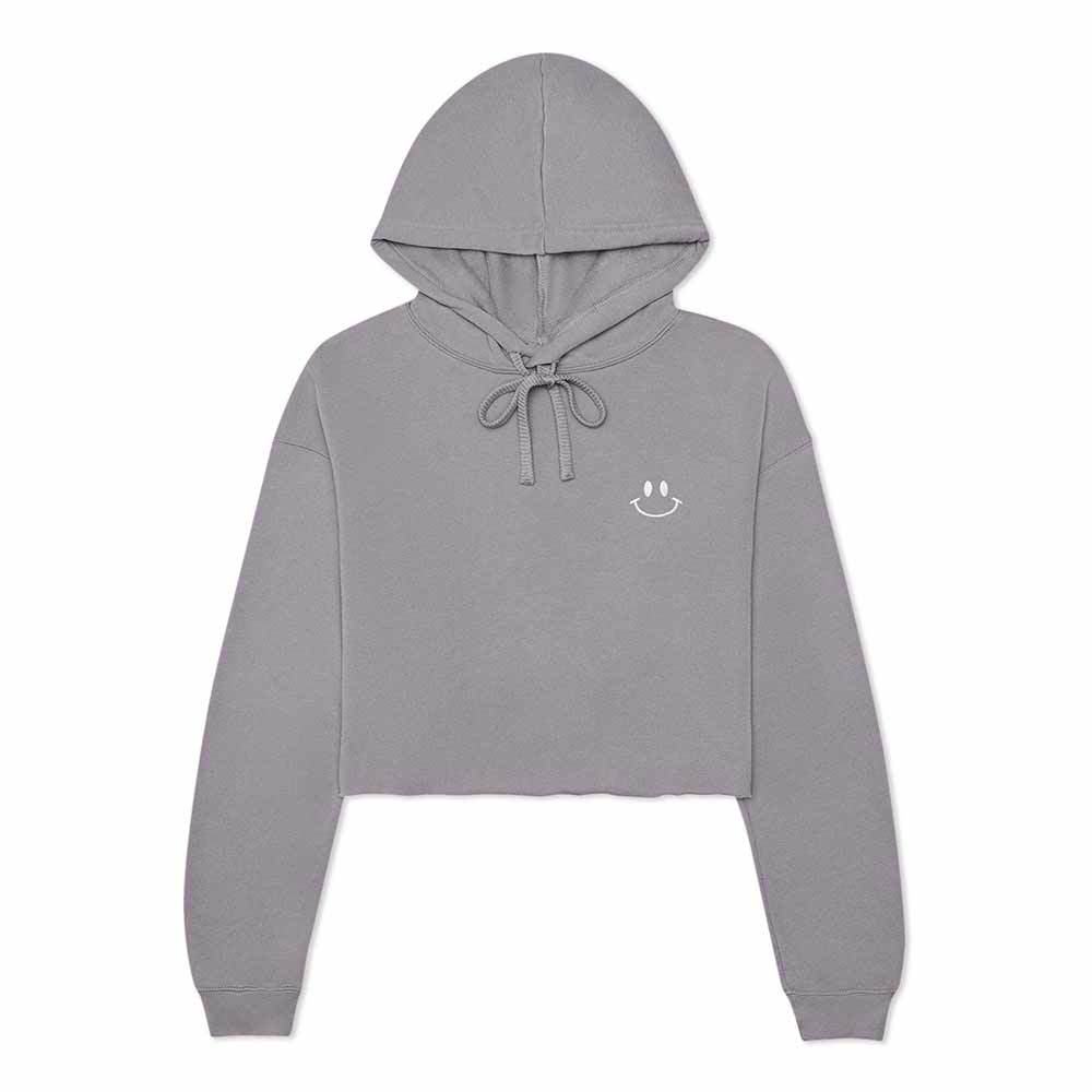Dalix Smile Face Embroidered Fleece Cropped Hoodie Cold Fall Winter Women in Storm Gray 2XL XX-Large