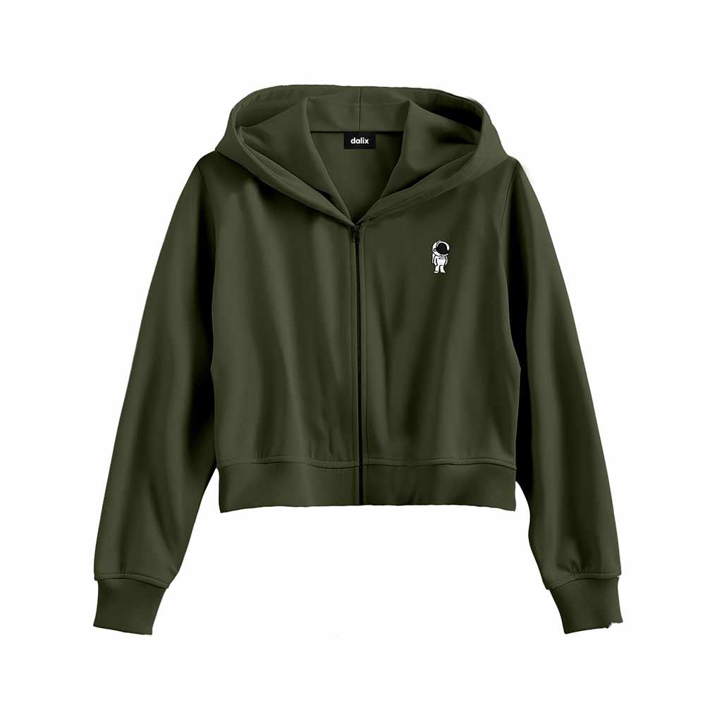 Dalix Astronaut Embroidered Fleece Cropped Zip Hoodie Cold Fall Winter Womens in Military Green 2XL XX-Large