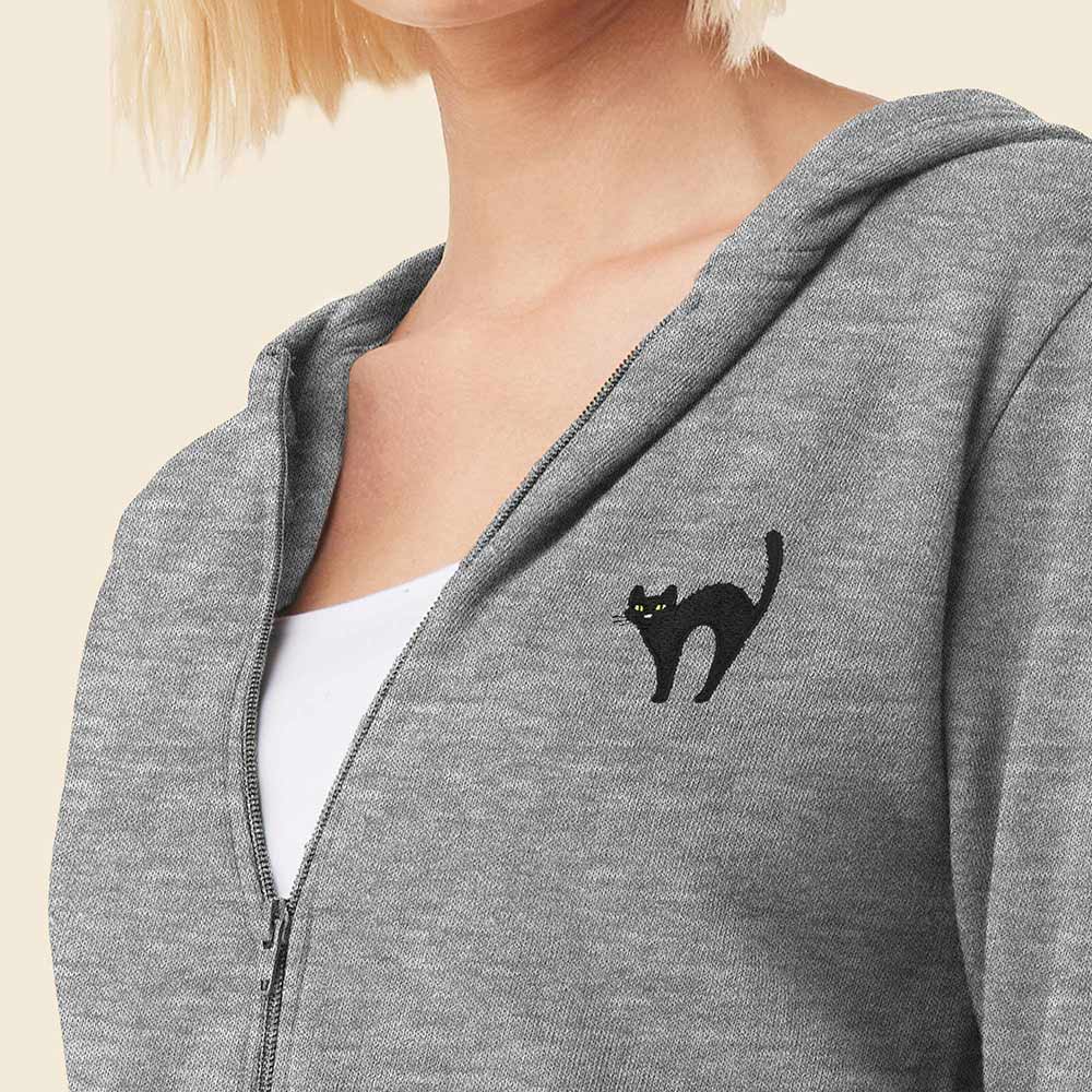 Dalix Black Cat Embroidered Fleece Cropped Zip Hoodie Cold Fall Winter Womens in Athletic Heather 2XL XX-Large
