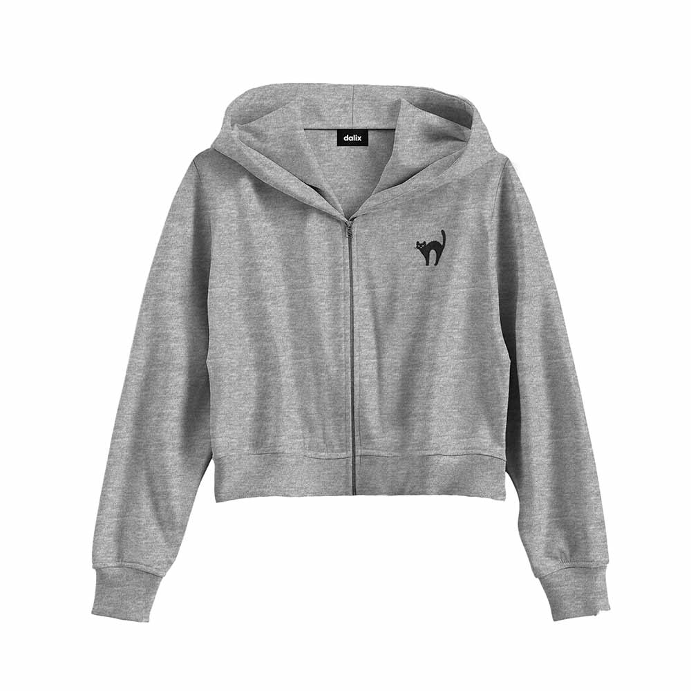 Dalix Black Cat Cropped Zip Hoodie