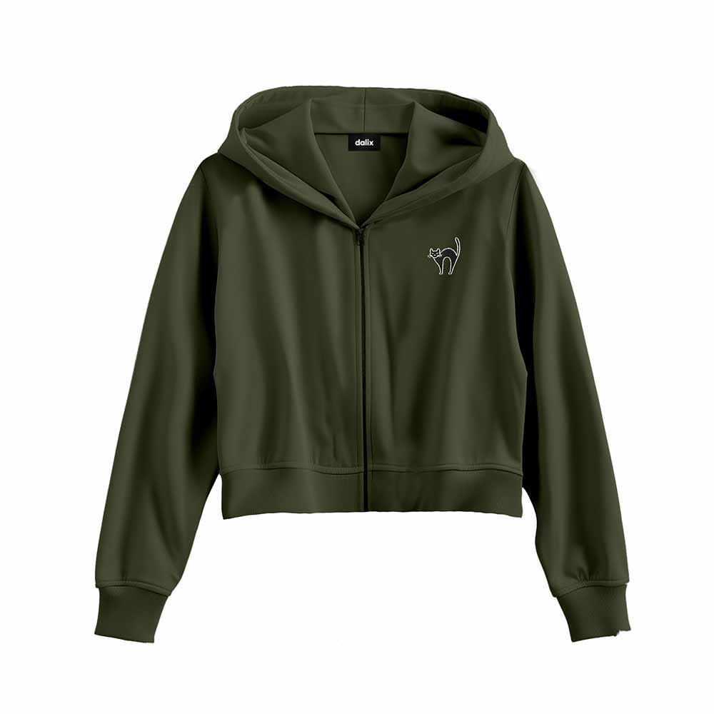 Dalix Black Cat Embroidered Fleece Cropped Zip Hoodie Cold Fall Winter Womens in Military Green 2XL XX-Large
