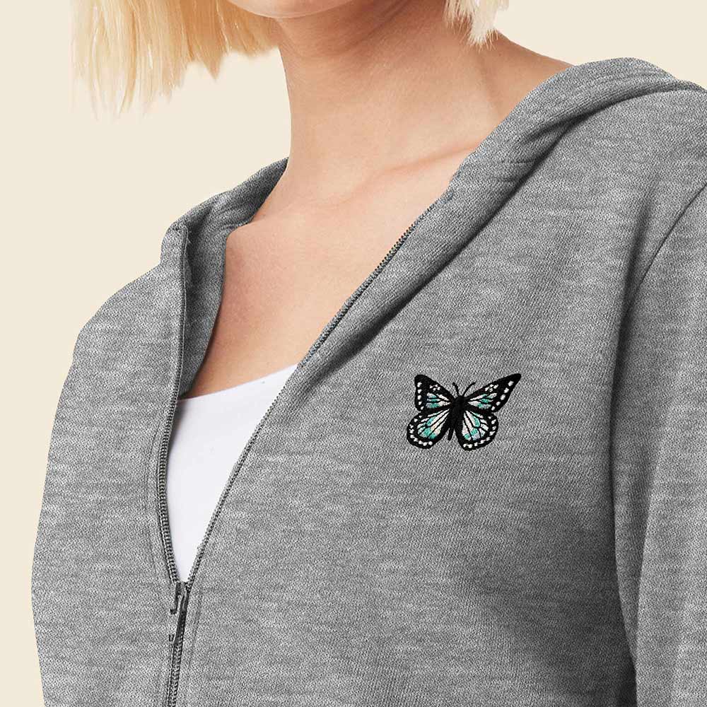 Dalix Butterfly Embroidered Fleece Cropped Zip Hoodie Cold Fall Winter Womens in Athletic Heather 2XL XX-Large