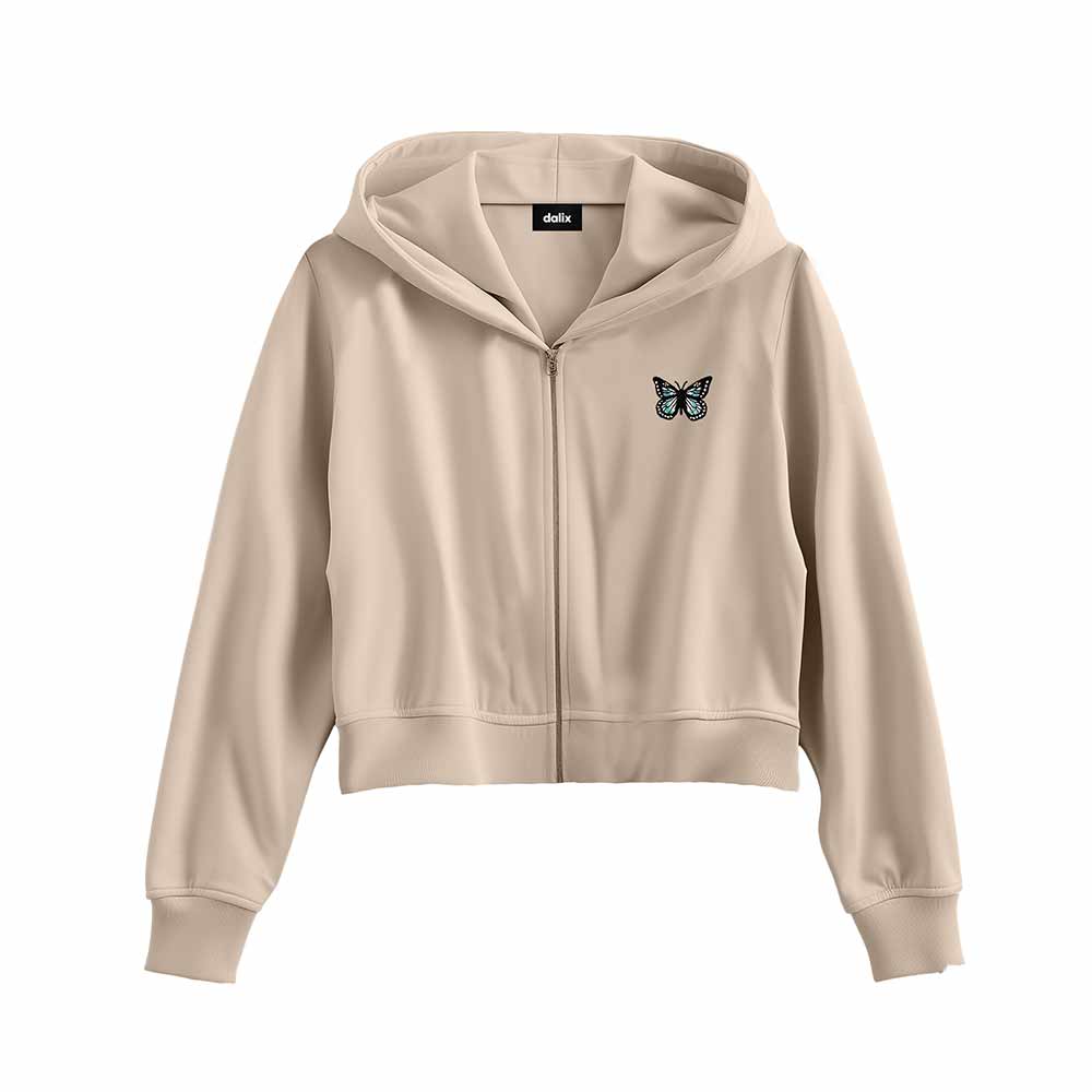 Dalix Butterfly Embroidered Fleece Cropped Zip Hoodie Cold Fall Winter Womens in Tan 2XL XX-Large