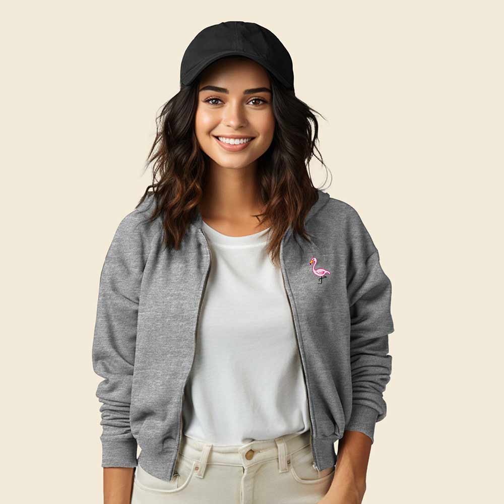 Dalix Flamingo Embroidered Fleece Cropped Zip Hoodie Cold Fall Winter Womens in Athletic Heather 2XL XX-Large