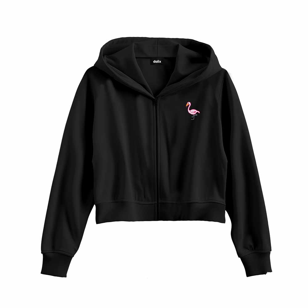 Dalix Flamingo Embroidered Fleece Cropped Zip Hoodie Cold Fall Winter Womens in Black 2XL XX-Large