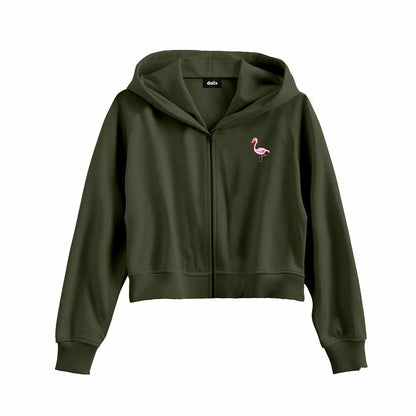 Dalix Flamingo Embroidered Fleece Cropped Zip Hoodie Cold Fall Winter Womens in Military Green 2XL XX-Large