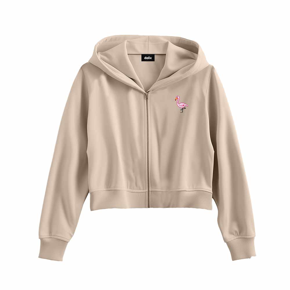 Dalix Flamingo Embroidered Fleece Cropped Zip Hoodie Cold Fall Winter Womens in Tan 2XL XX-Large