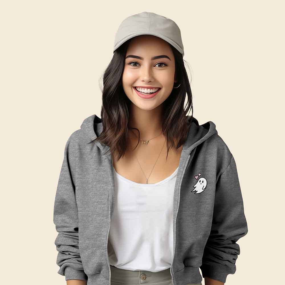 Dalix Heartly Ghost Embroidered Fleece Zip Hoodie Cold Fall Winter Women in Athletic Heather S Small