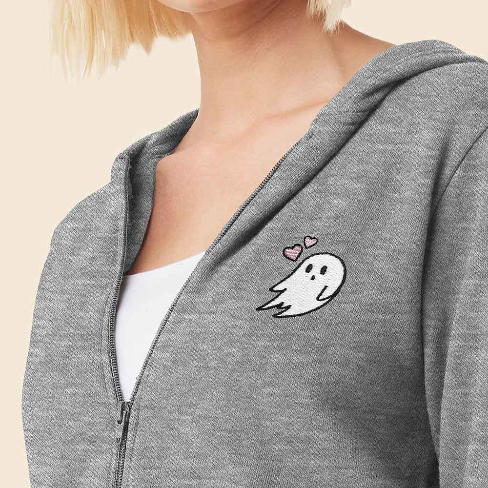 Dalix Heartly Ghost Embroidered Fleece Zip Hoodie Cold Fall Winter Women in Athletic Heather XL X-Large