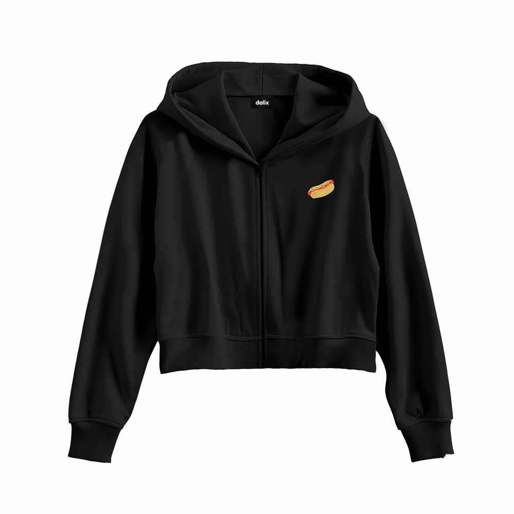 Dalix Hot Dog Embroidered Fleece Cropped Zip Hoodie Cold Fall Winter Womens in Black 2XL XX-Large