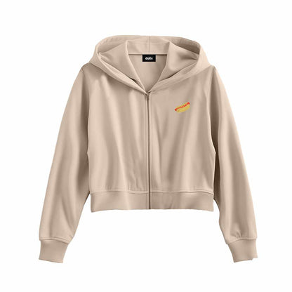 Dalix Hot Dog Embroidered Fleece Cropped Zip Hoodie Cold Fall Winter Womens in Tan 2XL XX-Large