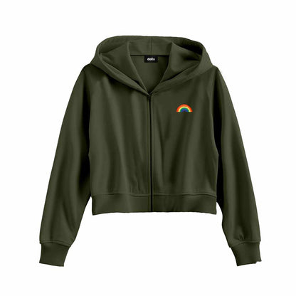 Dalix Rainbow Embroidered Fleece Cropped Zip Hoodie Cold Fall Winter Womens in Military Green 2XL XX-Large