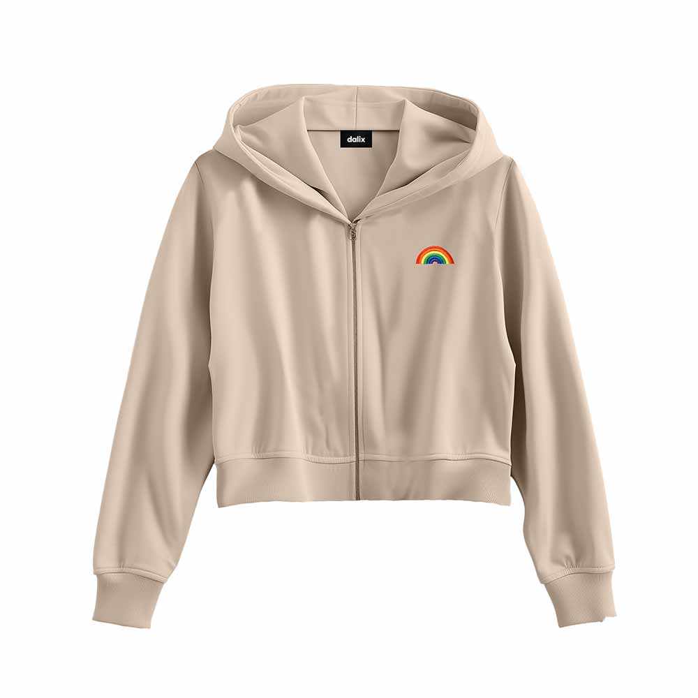 Dalix Rainbow Embroidered Fleece Cropped Zip Hoodie Cold Fall Winter Womens in Tan 2XL XX-Large
