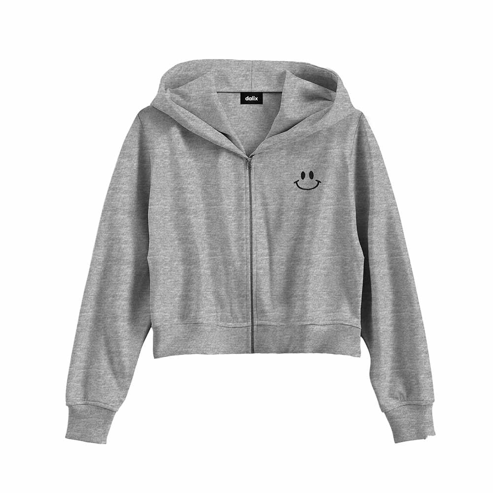 Dalix Smile Face Embroidered Fleece Cropped Zip Hoodie Cold Fall Winter Womens in Athletic Heather 2XL XX-Large