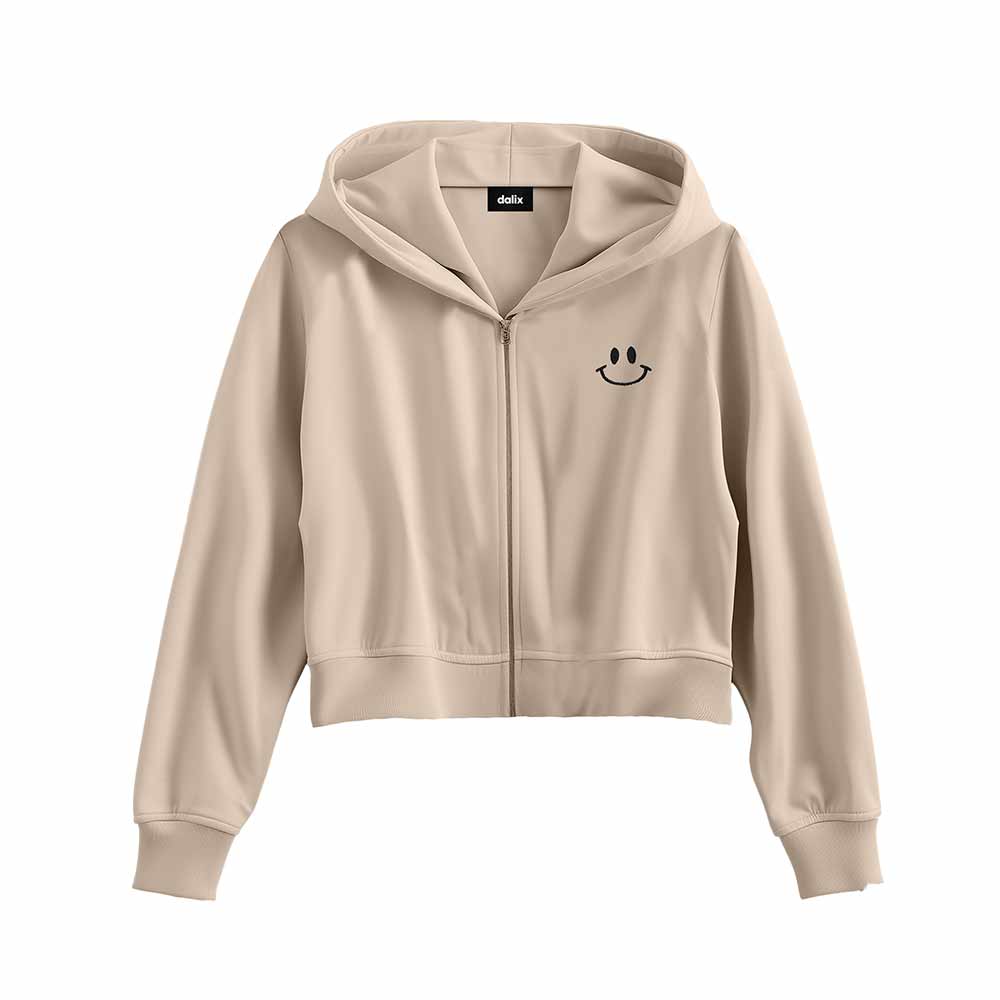 Dalix Smile Face Embroidered Fleece Cropped Zip Hoodie Cold Fall Winter Womens in Tan 2XL XX-Large