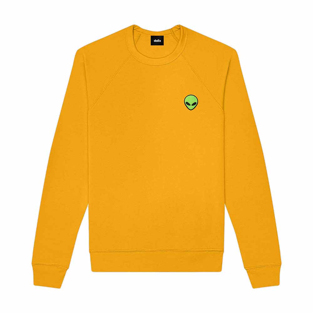 Dalix Alien Embroidered Fleece Crewneck Long Sleeve Sweatshirt Mens in Gold 2XL XX-Large
