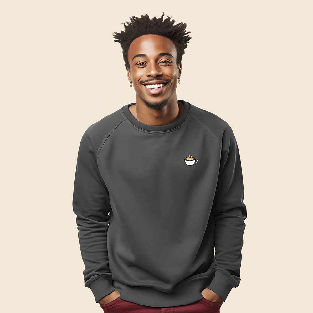 Dalix Cappuccino Embroidered Fleece Crewneck Long Sleeve Sweatshirt Mens in Asphalt Gray 2XL XX-Large