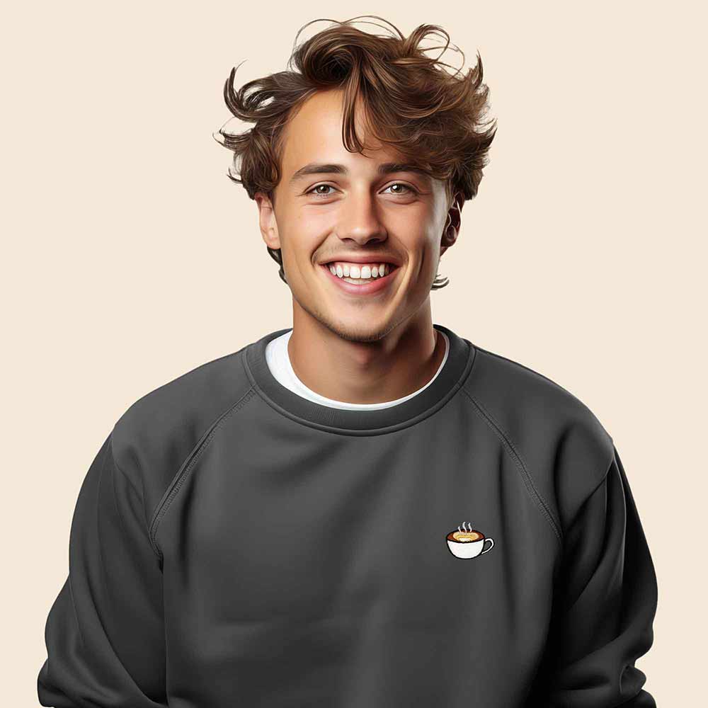 Dalix Cappuccino Embroidered Fleece Crewneck Long Sleeve Sweatshirt Mens in Asphalt Gray 2XL XX-Large