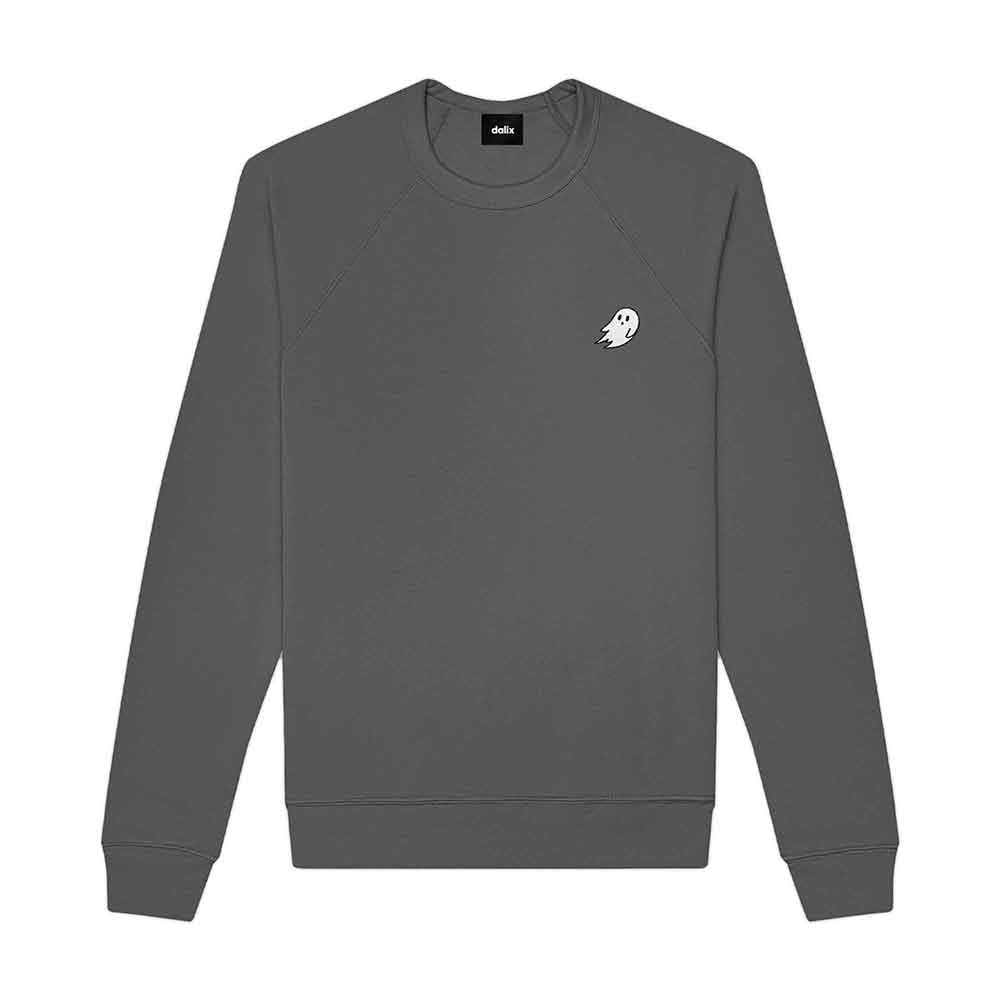 Dalix Ghost Embroidered Crewneck Long Sleeve Sweatshirt Fleece Men in Black S Small