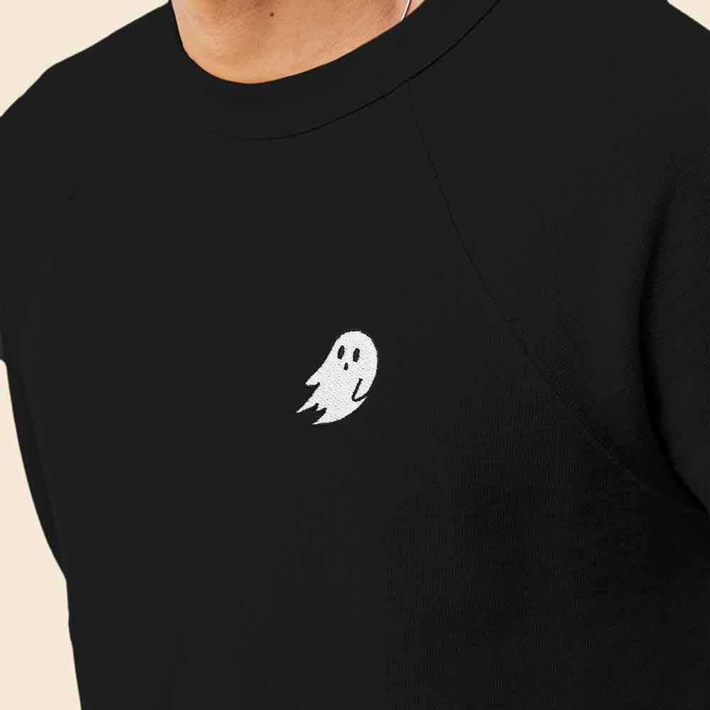 Dalix Ghost Embroidered Crewneck Long Sleeve Sweatshirt Fleece Men in Dark Grey Heather S Small