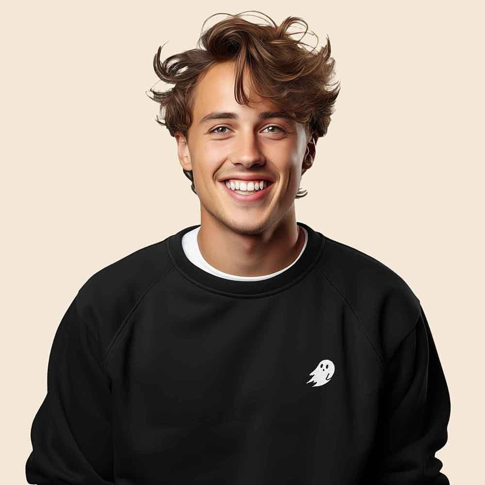 Dalix Ghost Embroidered Crewneck Long Sleeve Sweatshirt Fleece Men in French Vanilla S Small