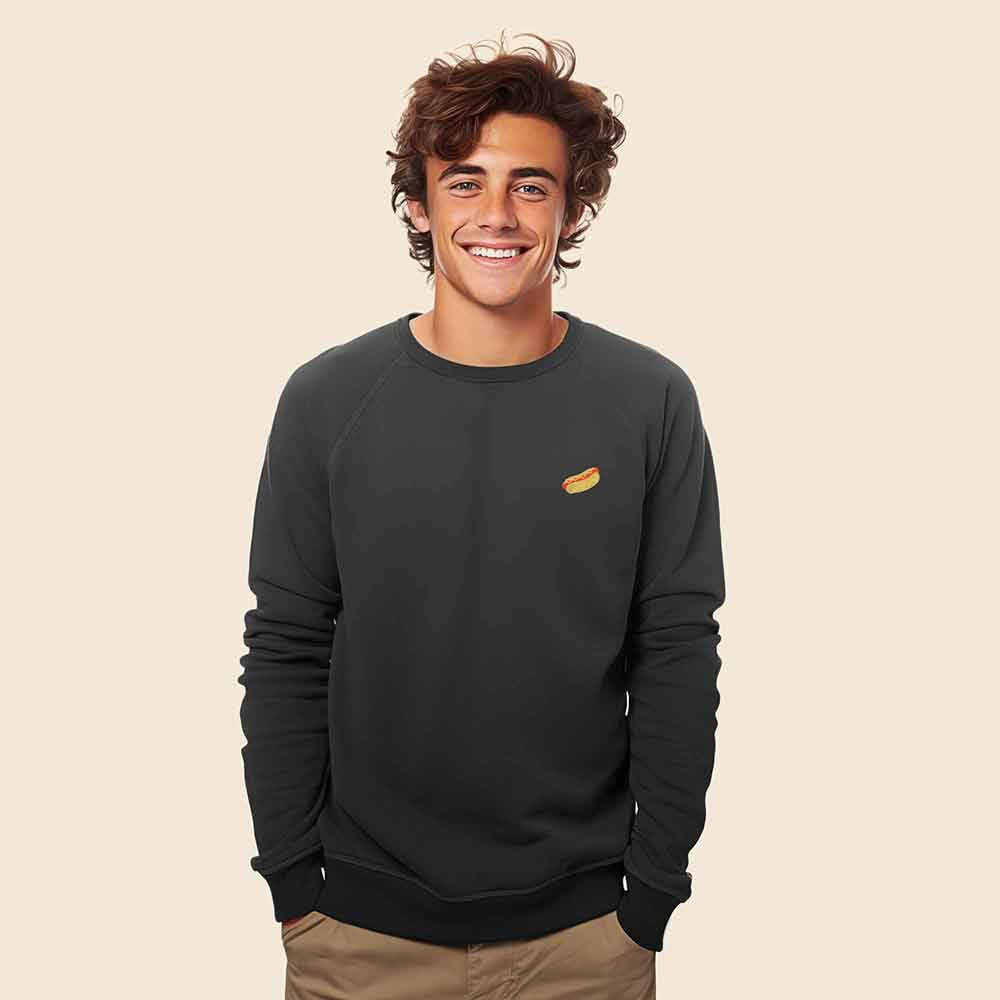 Dalix Hot Dog Embroidered Crewneck Fleece Sweatshirt Pullover Mens in Asphalt Gray XL X-Large