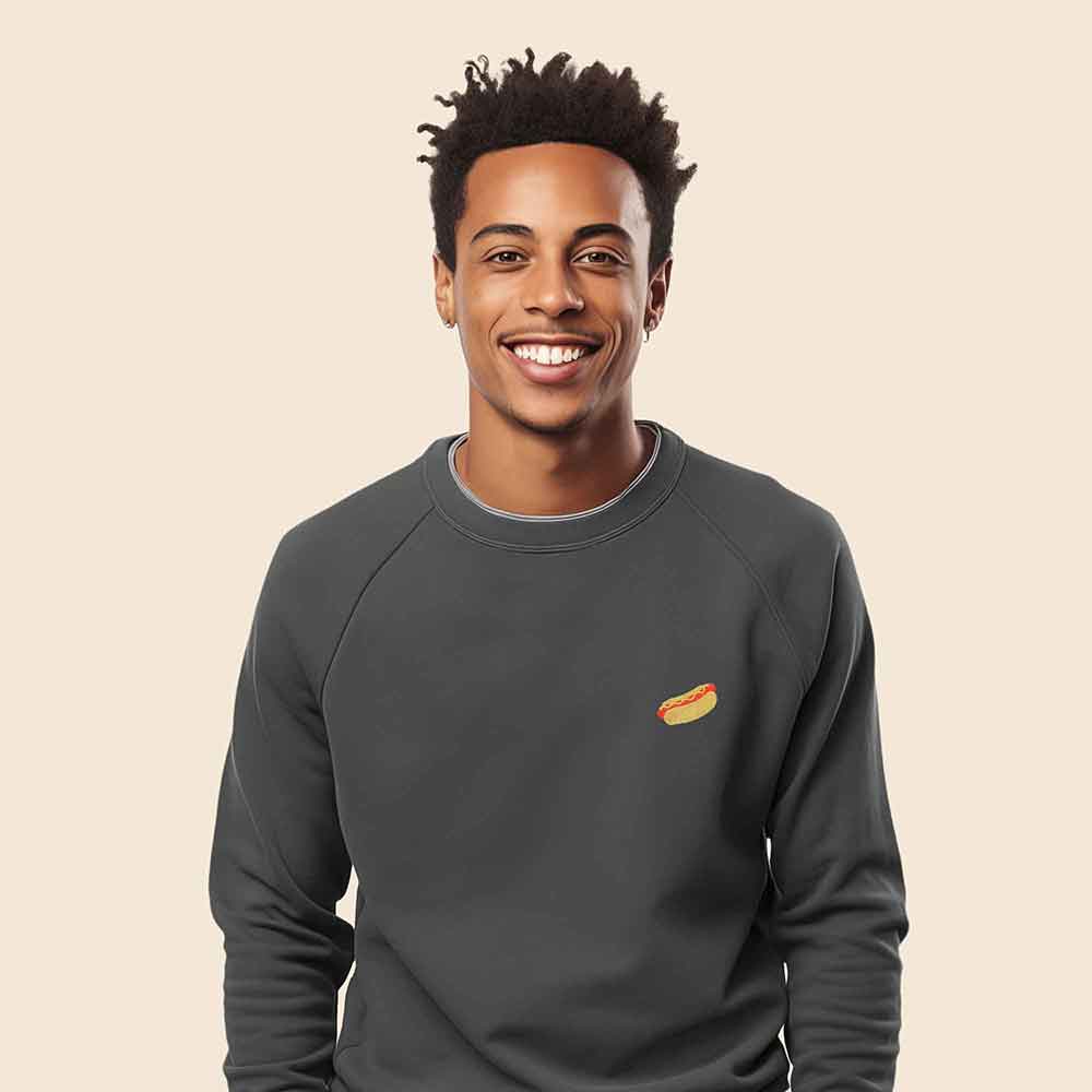 Dalix Hot Dog Embroidered Crewneck Fleece Sweatshirt Pullover Mens in Black 2XL XX-Large