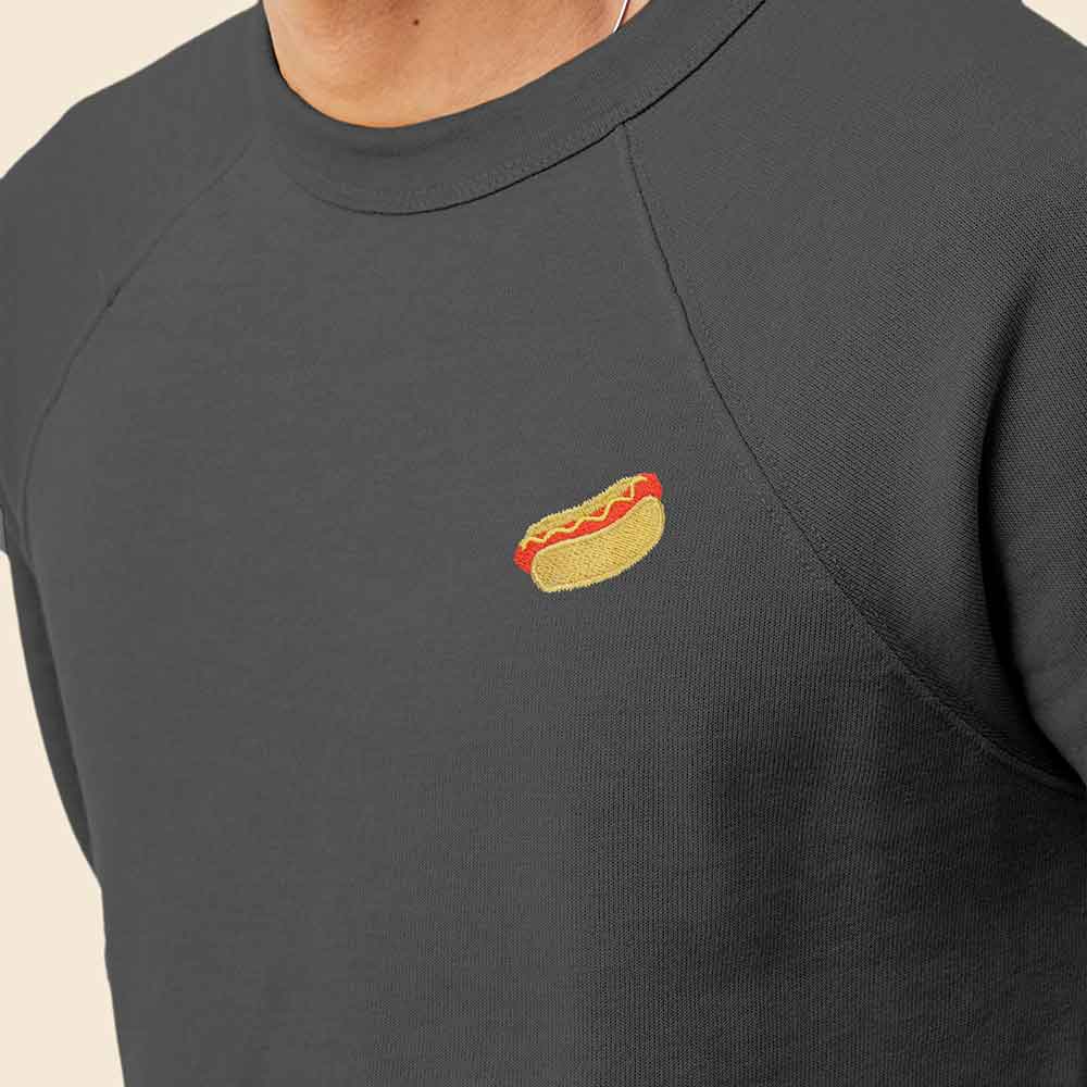 Dalix Hot Dog Embroidered Crewneck Fleece Sweatshirt Pullover Mens in Black L Large