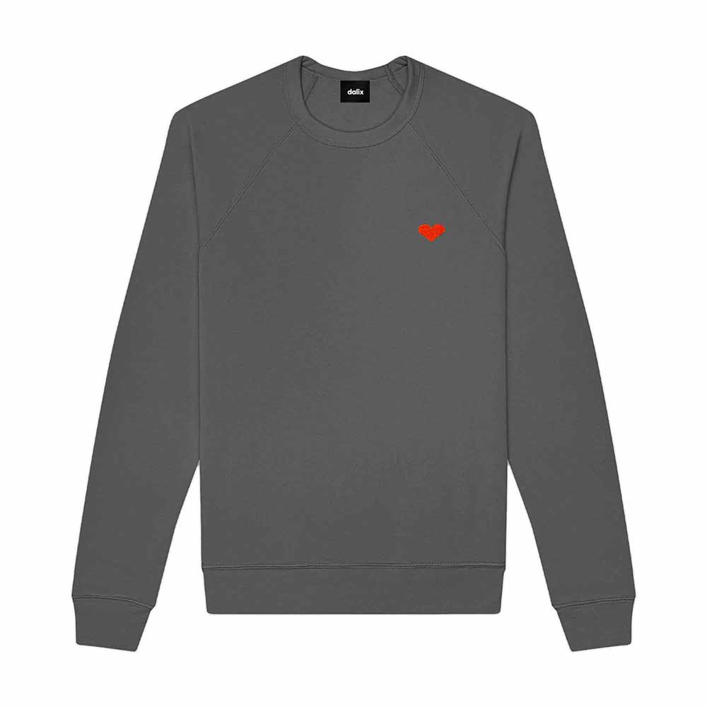 Dalix Pixel Heart Embroidered Fleece Crewneck Long Sleeve Sweatshirt Mens in Asphalt Gray 2XL XX-Large